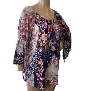Naif Mixed Print Floral Patchwork BOHO Peasant Top Sz L #21M